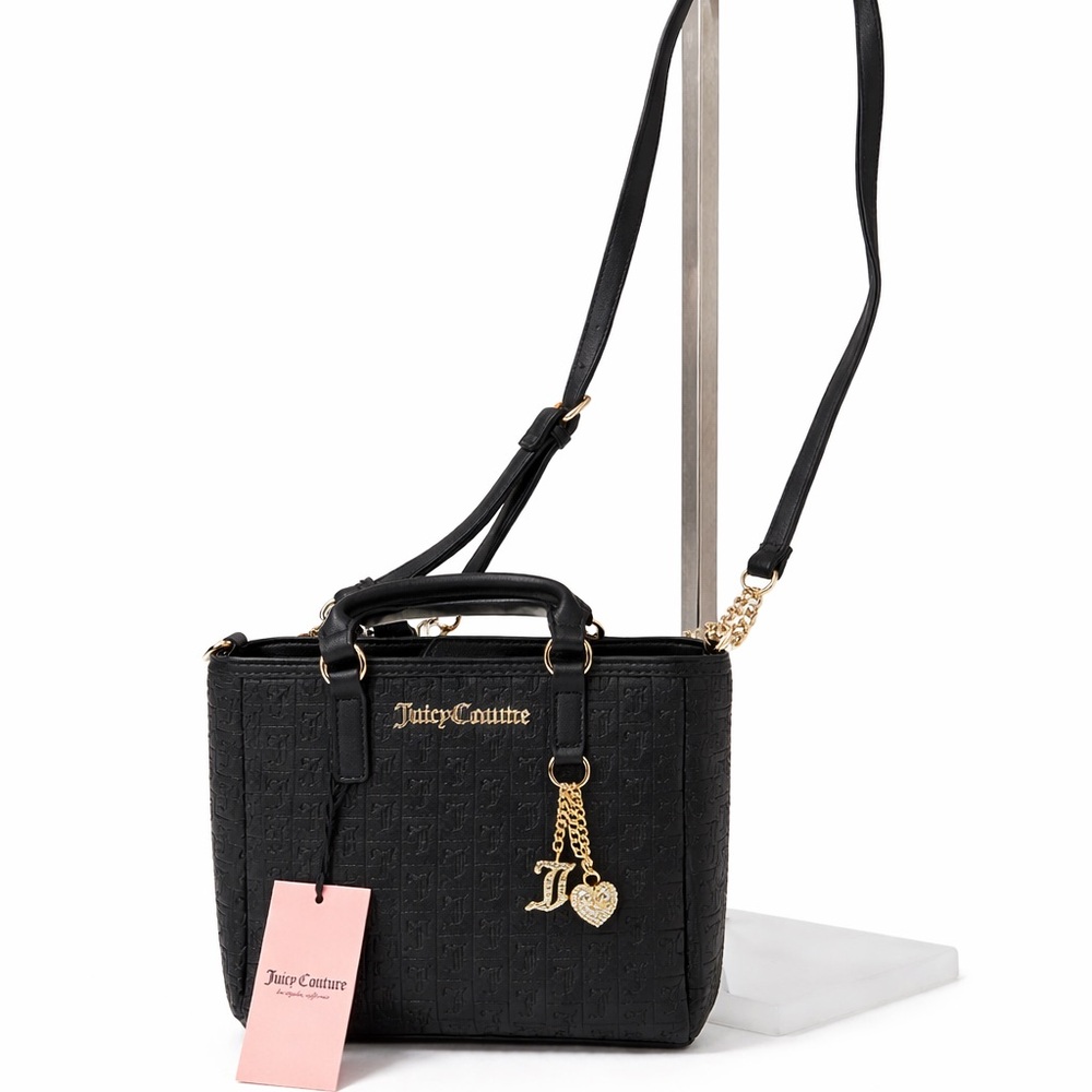 NWT Juicy Couture Lucky Charms Mini Tote Bag Black Monogram w/ Gold Charm - Picture 4 of 8